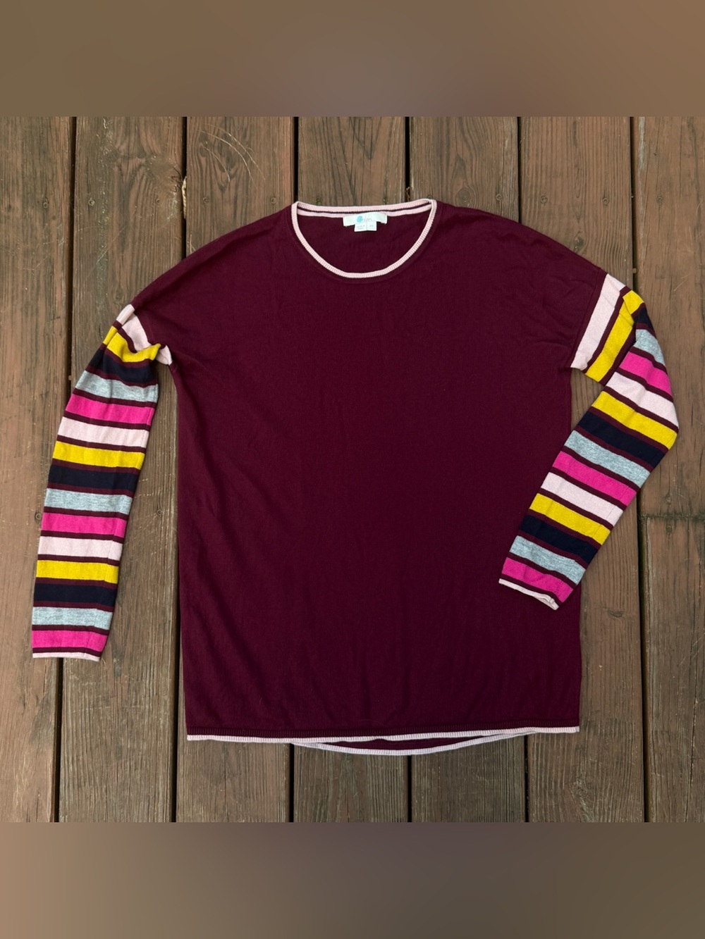 Boden Sweater Women's XS Burgundy Striped Sleeve Wool Cotton Colorblock Soft